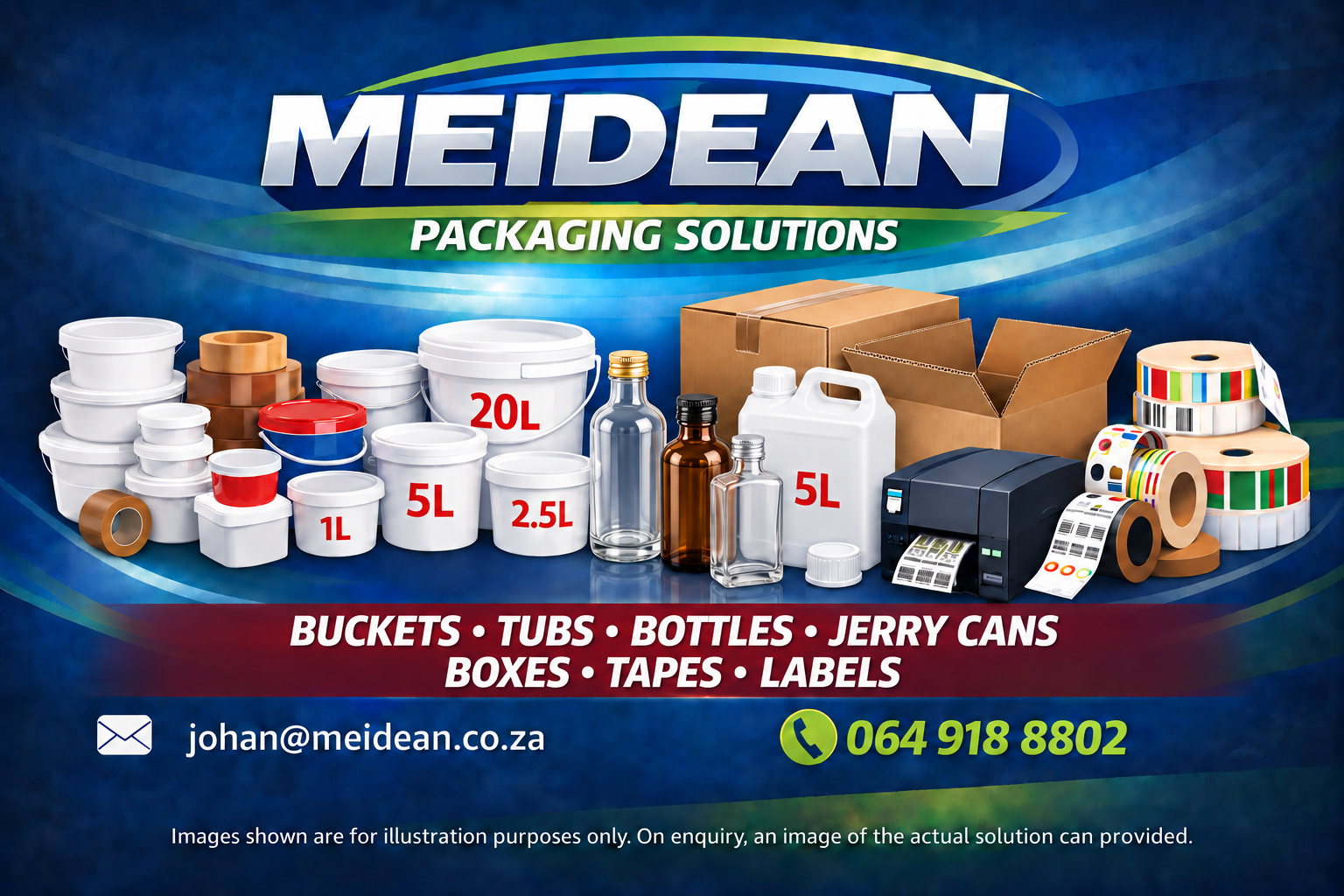MEIDEAN Packaging Solutions: buckets, tubs, glass bottles, a 5L jerry can with cap, corrugated boxes, tapes and labels